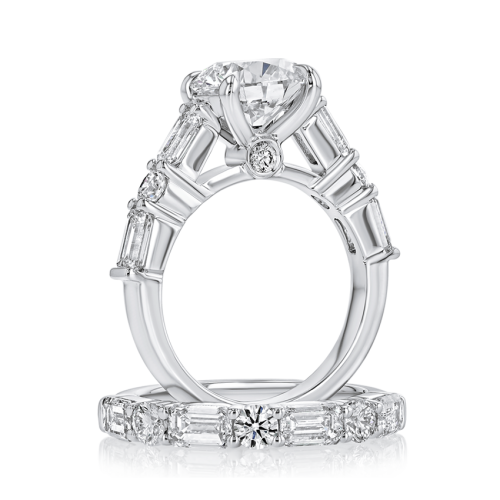 XO Jewels Semi-Mount Round Engagement Ring with Alternating Emerald Cut & Round Side Diamonds