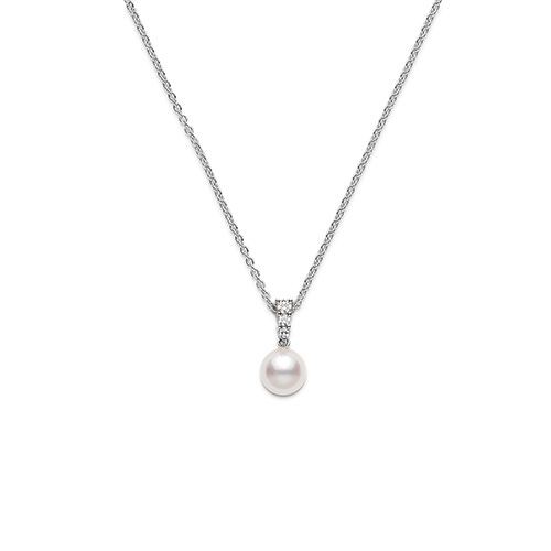 Mikimoto 18K White Gold Rhodium Plated Morning Dew Pearl Pendant Necklace With Diamonds