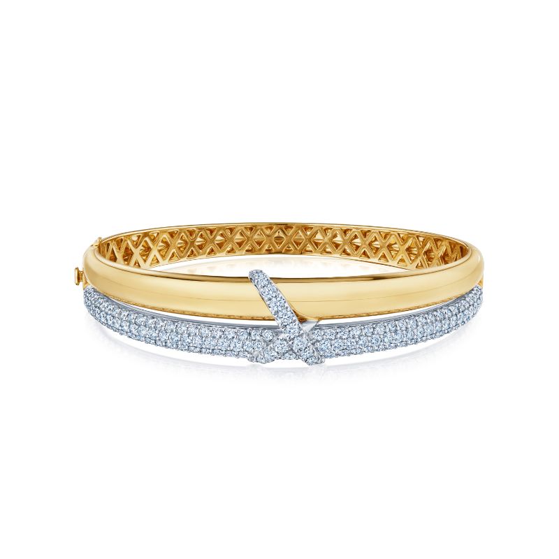 18K White And Yellow Gold Diamond 2-Row Domed Bangle Bracelet