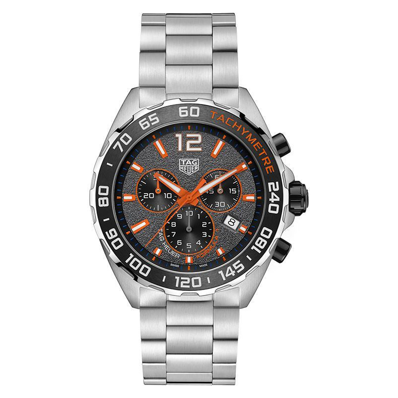 Tag Heuer Formula 1 steel quartz chronograph 43MM asphalt-pattern dial contrasted by bold orange accents on steel bracelet