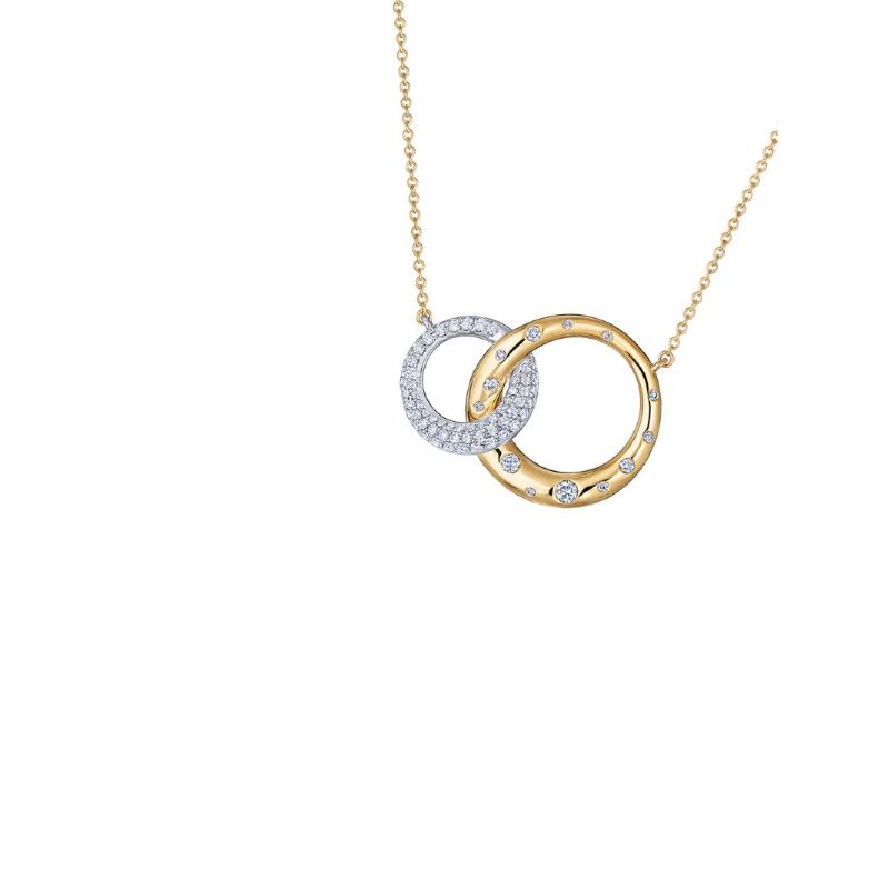 18K White And Yellow Gold  Diamond Necklace & Cobblestone Interlocking 2-Ring Pendant