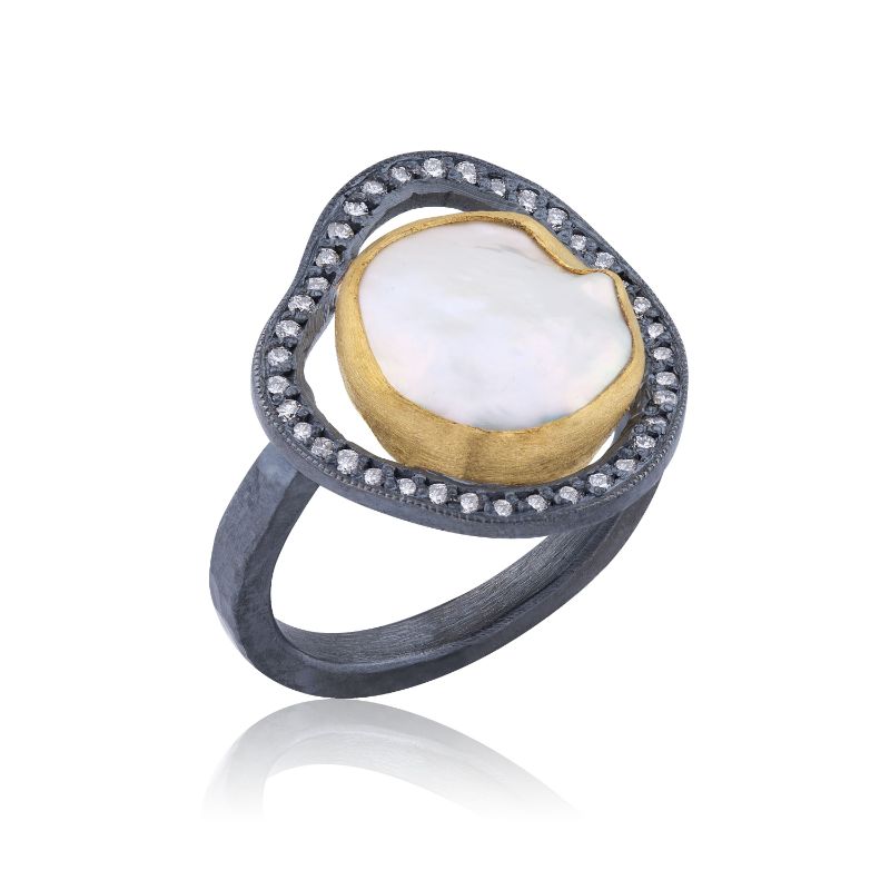Lika Behar 24k Two Tone Gold and Sterling Silver Diamond and Pearl Ring