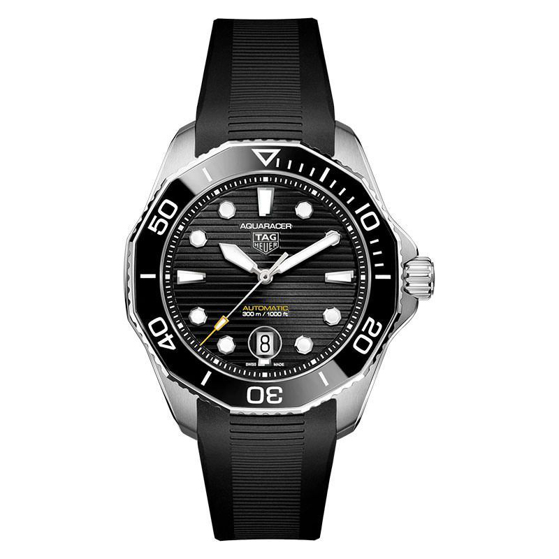 Tag Heuer Aquaracer Professional 300 steel 43mm black ceramic bezel black index dial on black rubber strap with steel folding clasp