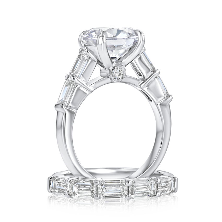XO Jewels Semi-Mount Round Engagement Ring with Emerald Cut Side Diamonds