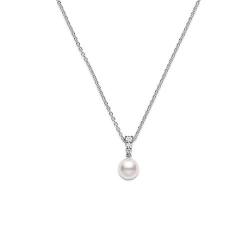 Mikimoto 18K White Gold Rhodium Plated Morning Dew Pearl Pendant Necklace With Diamonds